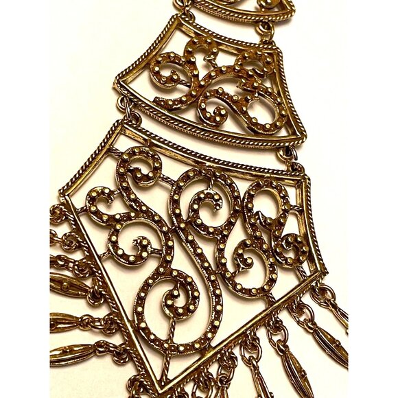 Vintage Monet Gold Filigree Paisley Tassel Statement Necklace 1970S Designer Art - Picture 10 of 16